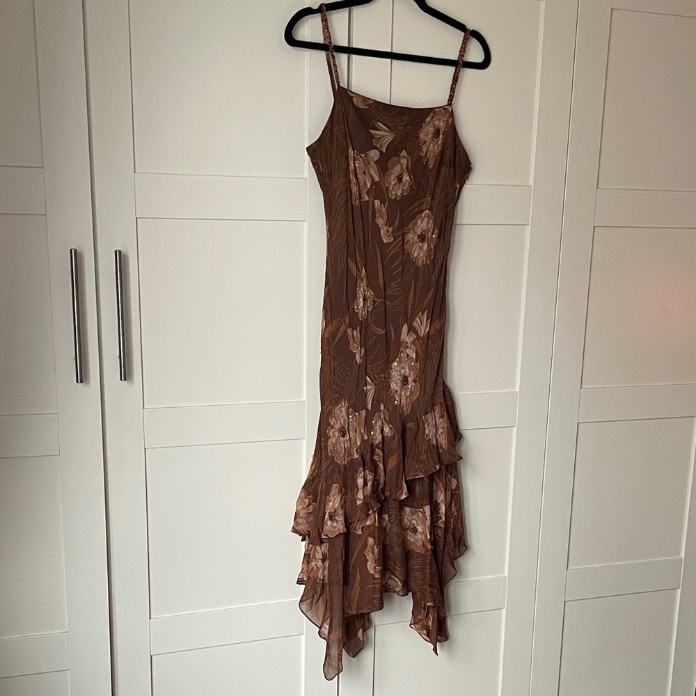 Y2K Floral Brown Beaded Ruffle Midi Dress